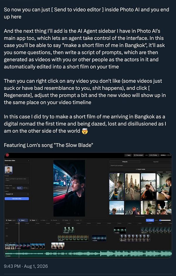 Screenshot of the #photoai video editor interface showing a video timeline, editing tools, and a beach scene preview.