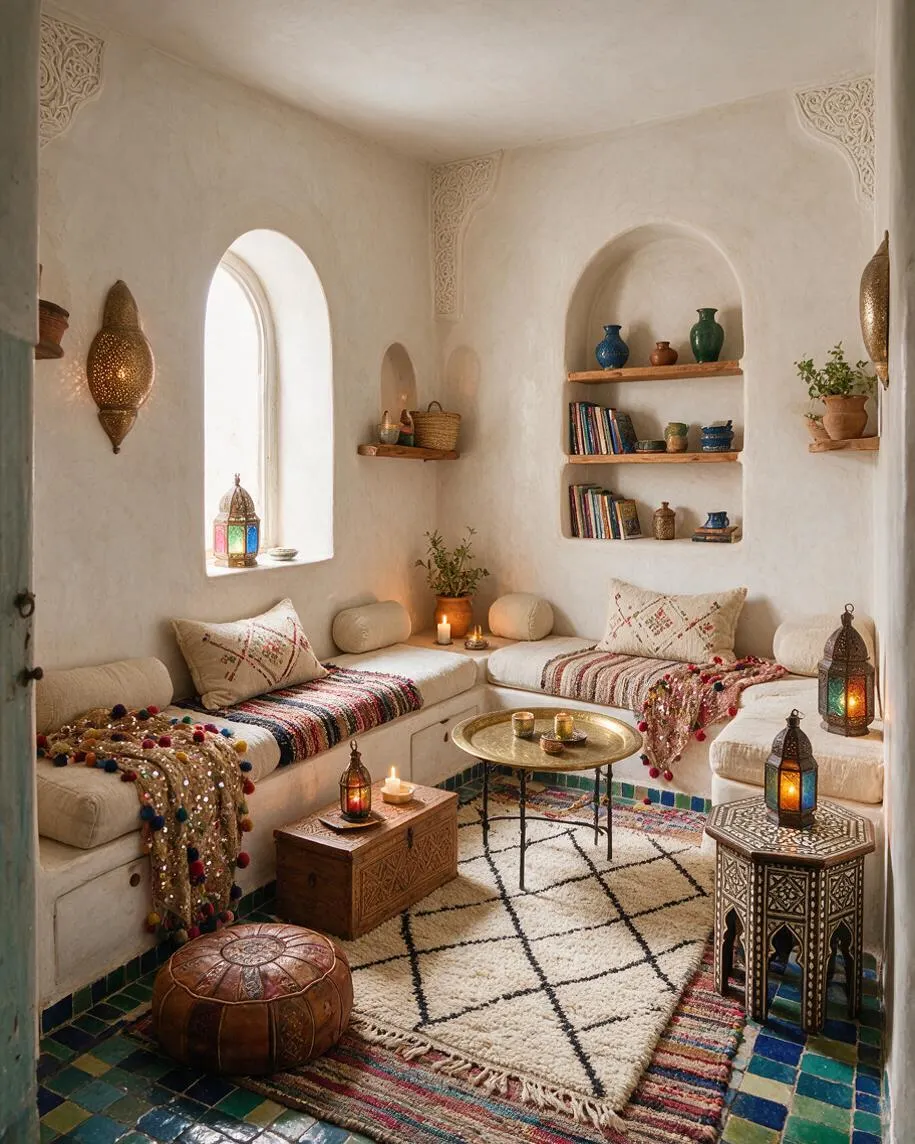 A small Moroccan-style studio apartment with white plaster walls, arched window and wall niches, built-in cream seating, colorful woven textiles, brass lanterns, patterned rugs, and blue-green tiled flooring. Shelves hold pottery, books, and plants, creating a warm layered seating area.