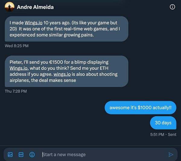 A conversation about selling a blimp for advertising between two individuals on a messaging platform.