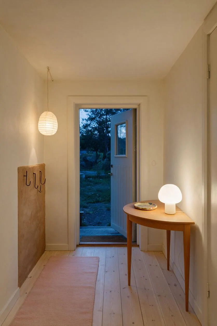 A narrow Scandinavian-style entryway with white painted walls and pale wood floors, featuring a small curved wooden console table, a glowing mushroom lamp, a hanging paper pendant, and a pink runner rug. A rustic wooden wall panel with hooks stands on the left, and an open front door reveals the dark outdoors beyond.