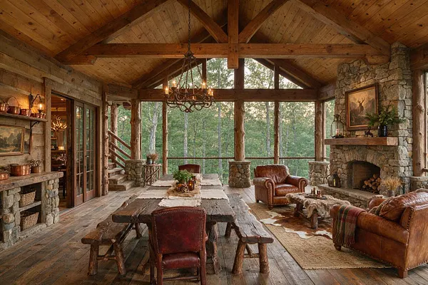 A spacious rustic front porch with a soaring wood ceiling, exposed beams, and large windows looking out to trees. The space includes a long reclaimed wood dining table with benches, leather chairs, a stone fireplace, and warm lodge-style lighting.