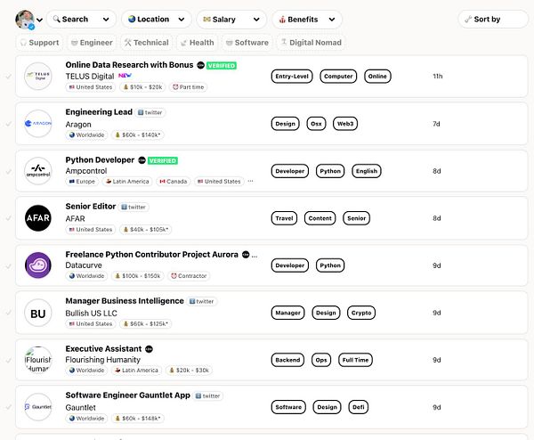 The image displays a job listing interface with various job postings for remote positions.