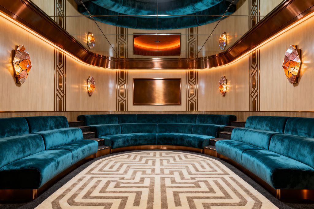 A symmetrical Art Deco media room with tiered, curved teal velvet banquettes facing a bronze-framed screen niche. Blonde wood wall panels carry brass geometric inlays, flanked by faceted amber glass sconces and a continuous warm LED cove. A mirrored ceiling amplifies the glow and height, while dark carpeted steps divide seating. A cream-and-taupe labyrinth-pattern rug centers the space, reinforcing bold geometry and a luxurious theater atmosphere.