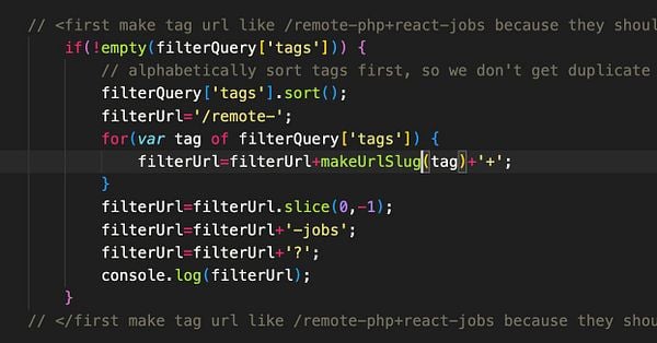 The image displays a code snippet related to URL generation for remote job tags.