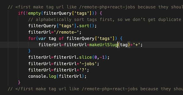The image displays a code snippet related to URL generation for remote job tags.