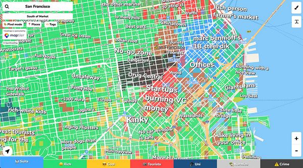 Pixel map visualization showing various crime areas in a city using blue color coding.