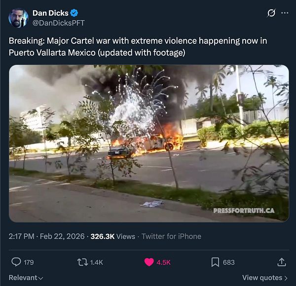 Map highlighting Puerto Vallarta, Mexico as a conflict zone with color-coded regions and associated data.