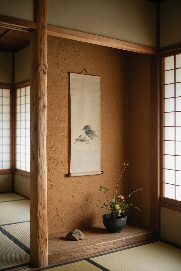 A traditional Japanese room with tatami mats, shoji screens, and a rustic wood alcove. The alcove features an earth-toned plaster wall, a hanging monochrome scroll, a small stone, and a black vase with a sparse floral arrangement.