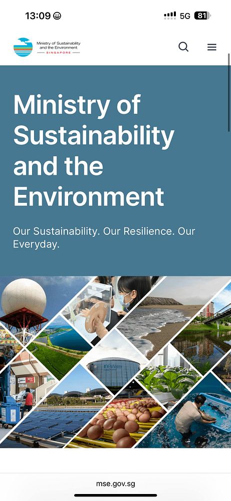 The image displays the homepage of the Ministry of Sustainability and the Environment of Singapore.