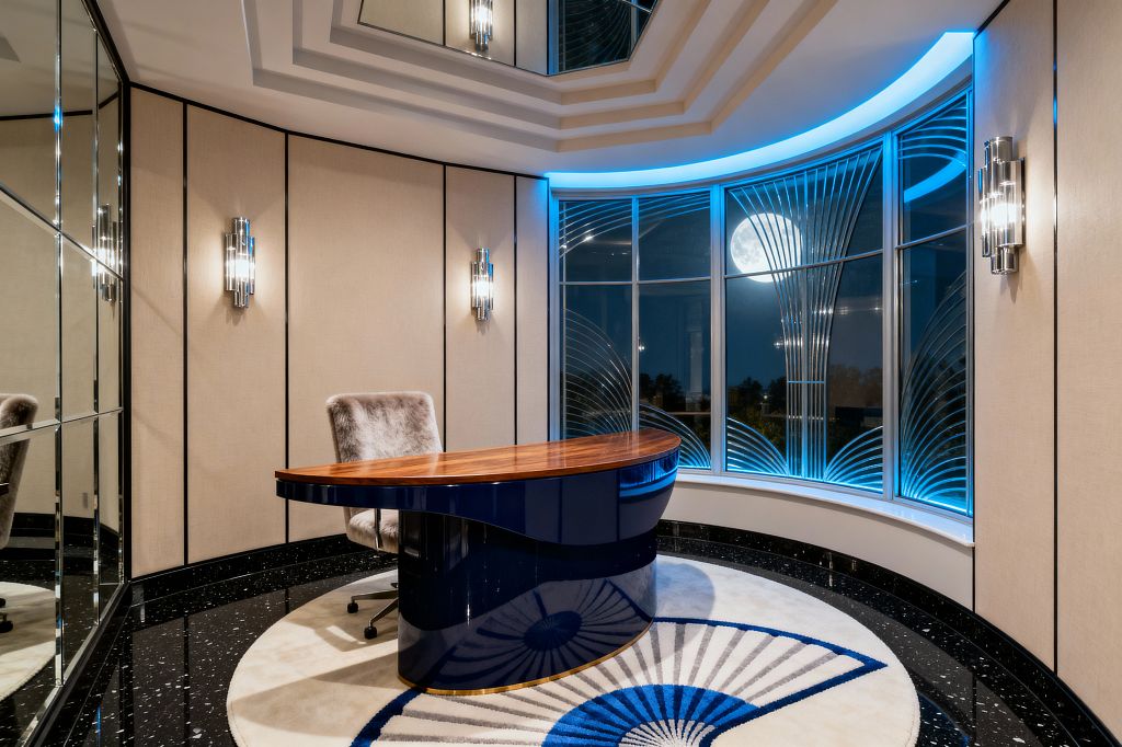 An Art Deco home office features a curved navy lacquer desk with a walnut top set on a round cream rug with a blue fan motif, against beige upholstered wall panels and mirrored sections. Chrome tiered sconces flank a bow window with etched radiating lines and blue LED cove lighting, while a stepped ceiling with an inset mirror and glossy black terrazzo floor amplify reflections; a gray faux-fur swivel chair completes the look.