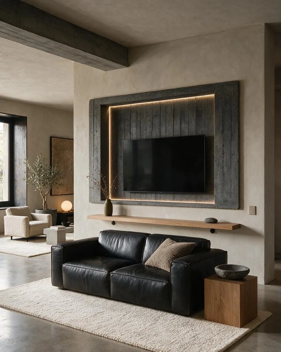 A Brutalist-inspired media room with a wall-mounted TV set inside a rough concrete frame outlined by warm LED lighting. A black leather sofa sits on a cream textured rug, paired with a simple wood shelf and a small wood side table, while the adjoining lounge area features neutral armchairs, soft decor, and tall windows.