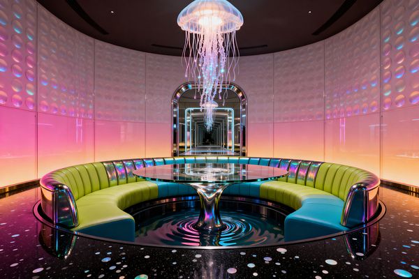 A circular dining room features a wraparound banquette in lime and aqua vinyl with iridescent piping, encircling a round glass table on a mirror-chrome pedestal that ripples like liquid. Gradient-lit, dimpled wall panels shift from pink to amber, a black glossy floor speckles like stars, and a translucent jellyfish chandelier glows above, reflected endlessly in an arched mirror corridor edged with neon.