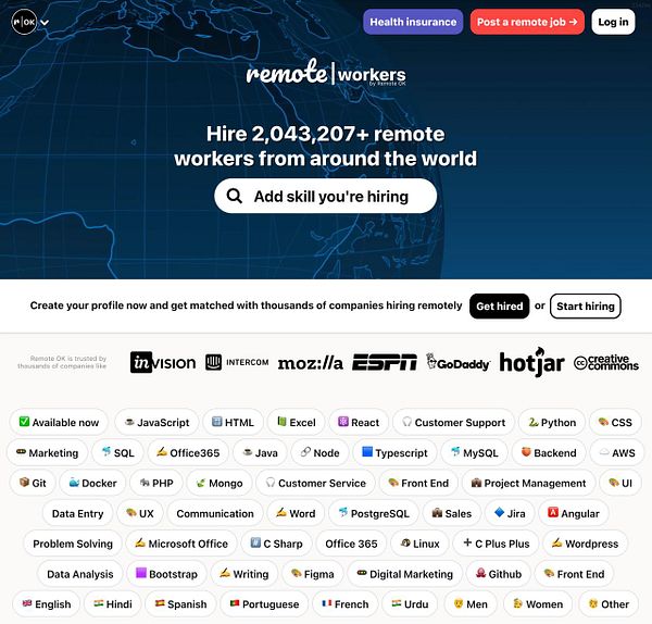 The image displays a webpage for Remote OK, showcasing over 2 million registered remote worker profiles.