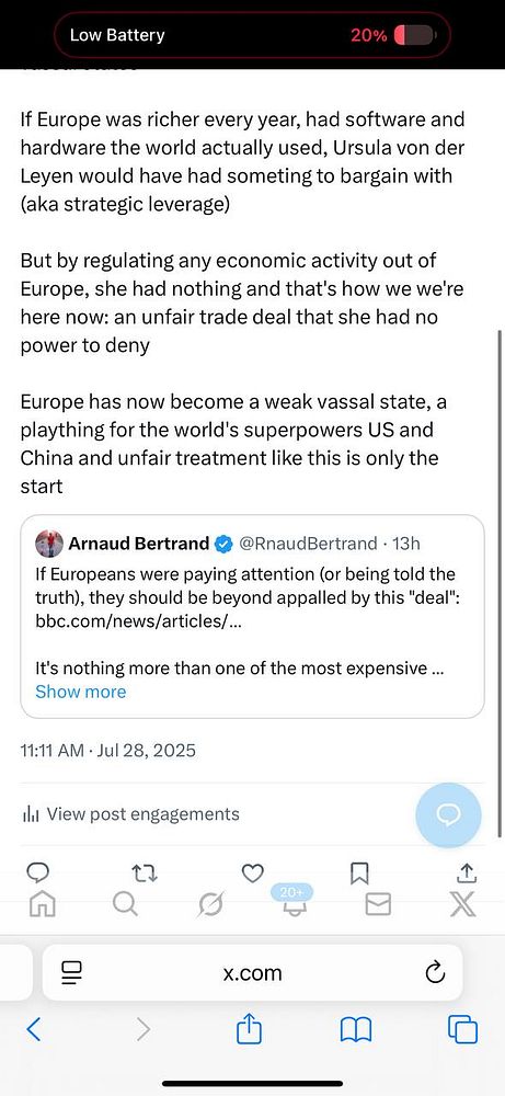 The image is a screenshot of a social media post discussing Europe's economic status and its implications.