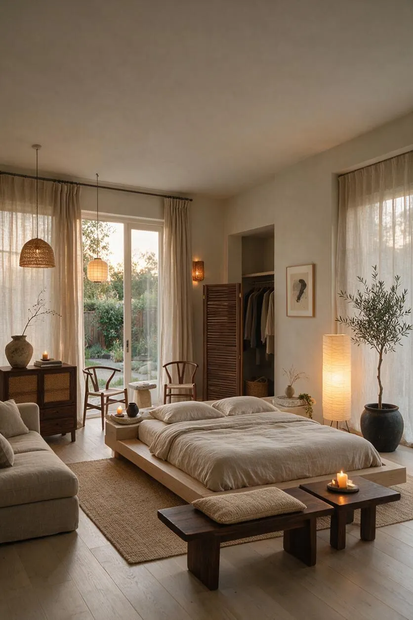 A serene Japandi-style master bedroom with a low platform bed dressed in beige bedding, soft neutral curtains, and natural wood furniture. The room includes woven pendant lights, a paper floor lamp, indoor plants, a textured rug, and a small seating area by large glass doors opening to greenery.
