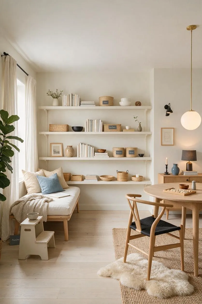 A bright Scandinavian-style game room with white walls, open shelving filled with books, woven baskets, and small decor, plus a light wood daybed and round table. Natural textures, a woven rug, and a pendant globe light create a calm, airy atmosphere.
