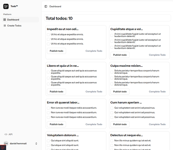A dashboard interface for a todo application displaying a list of tasks.