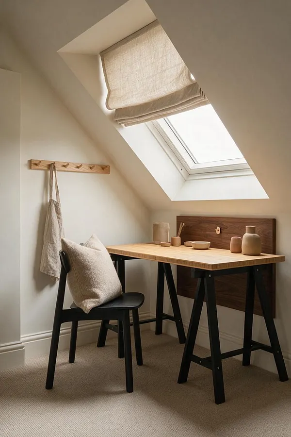 A compact Japandi-style home office sits under a sloped ceiling with a large skylight and a linen Roman shade filtering soft daylight. A light wood desk with black trestle legs is paired with a black chair, a neutral cushion, and simple ceramic decor against warm white walls and a beige carpet.