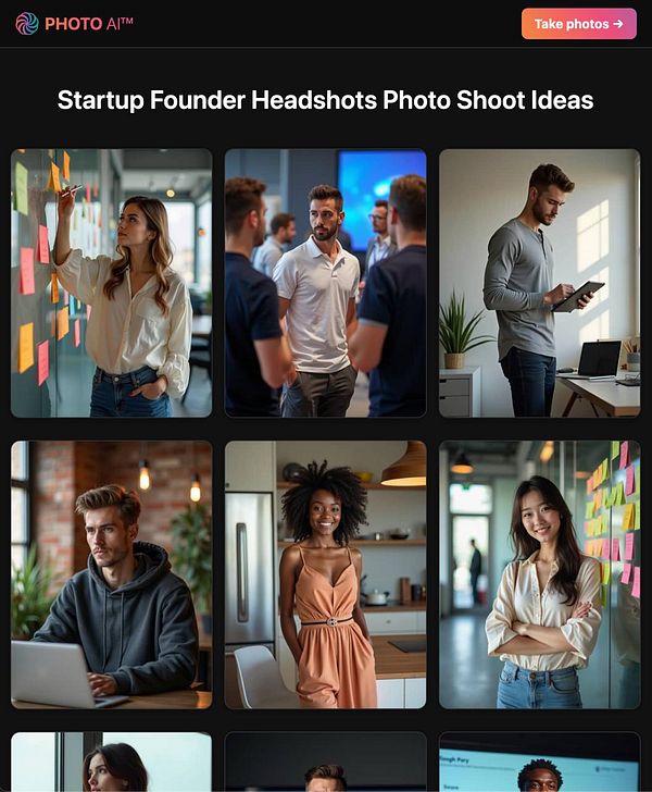 A collection of photo shoot ideas for startup founder headshots displayed in a grid format.