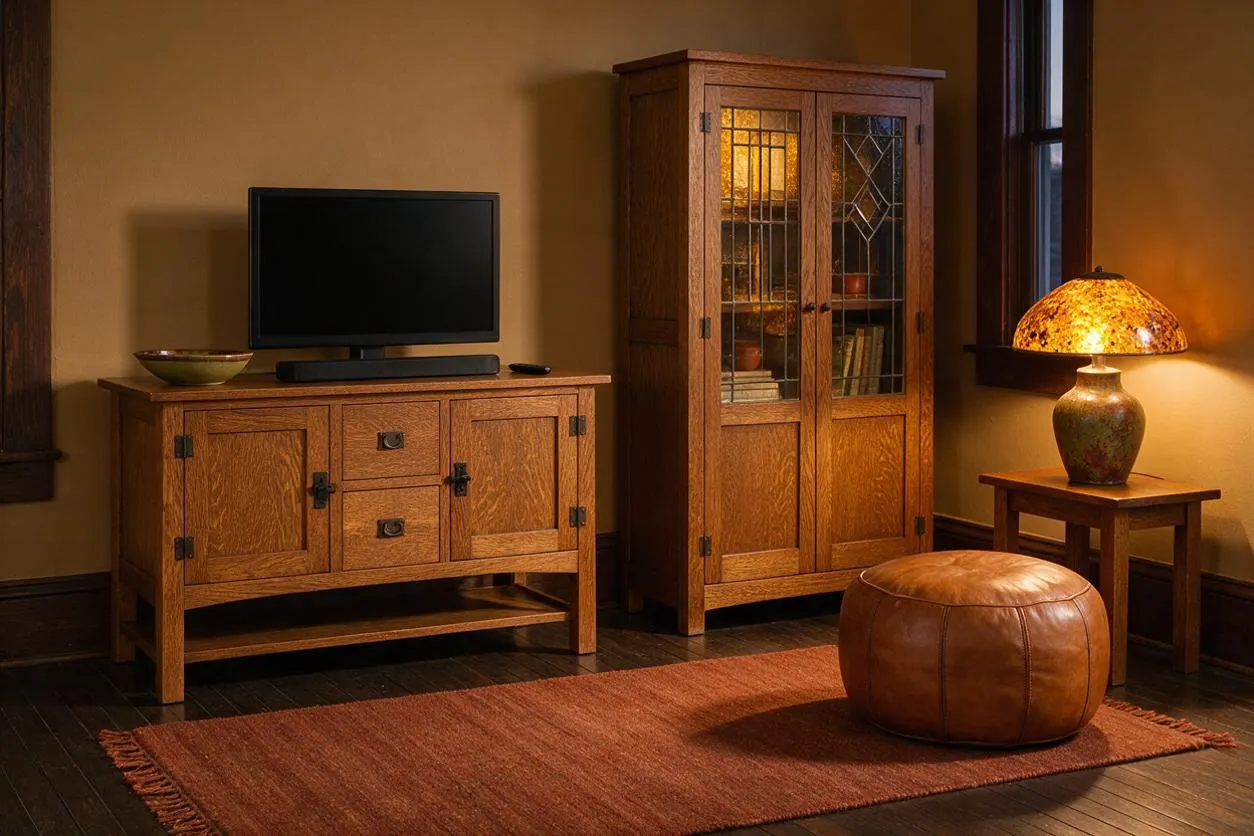 A cozy Craftsman-style media room features a flat-screen TV on a wooden cabinet, a tall glass-front display cabinet, and a leather pouf on a rust-colored rug. Warm amber lighting from a stained-glass table lamp and dark wood trim create an inviting, traditional atmosphere.
