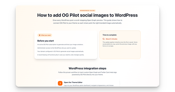 The image displays a guide for integrating OG Pilot social images into WordPress.