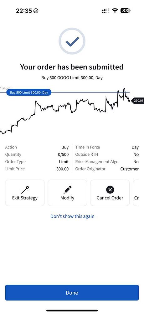 A mobile trading app interface displaying a submitted order for purchasing Google stock.