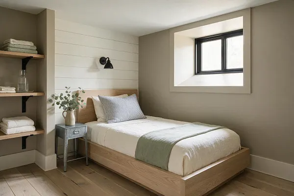 A serene guest bedroom with a light wood platform bed dressed in white bedding, a striped accent pillow, and a muted green throw. A white shiplap accent wall with a black sconce sits behind the bed, while taupe walls, a small metal bedside table, built-in shelves, and a black-framed window complete the farmhouse look.