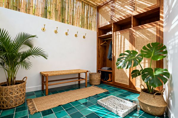 A bright tropical mudroom with emerald square floor tiles, white walls, and a clerestory of vertical bamboo casting striped shadows. A woven bench and jute runner sit opposite tall warm-wood cabinets with cane fronts and open cubbies, with brass wall hooks above; potted palm and monstera in seagrass baskets and a terrazzo shoe tray complete the airy, plant-filled entry.
