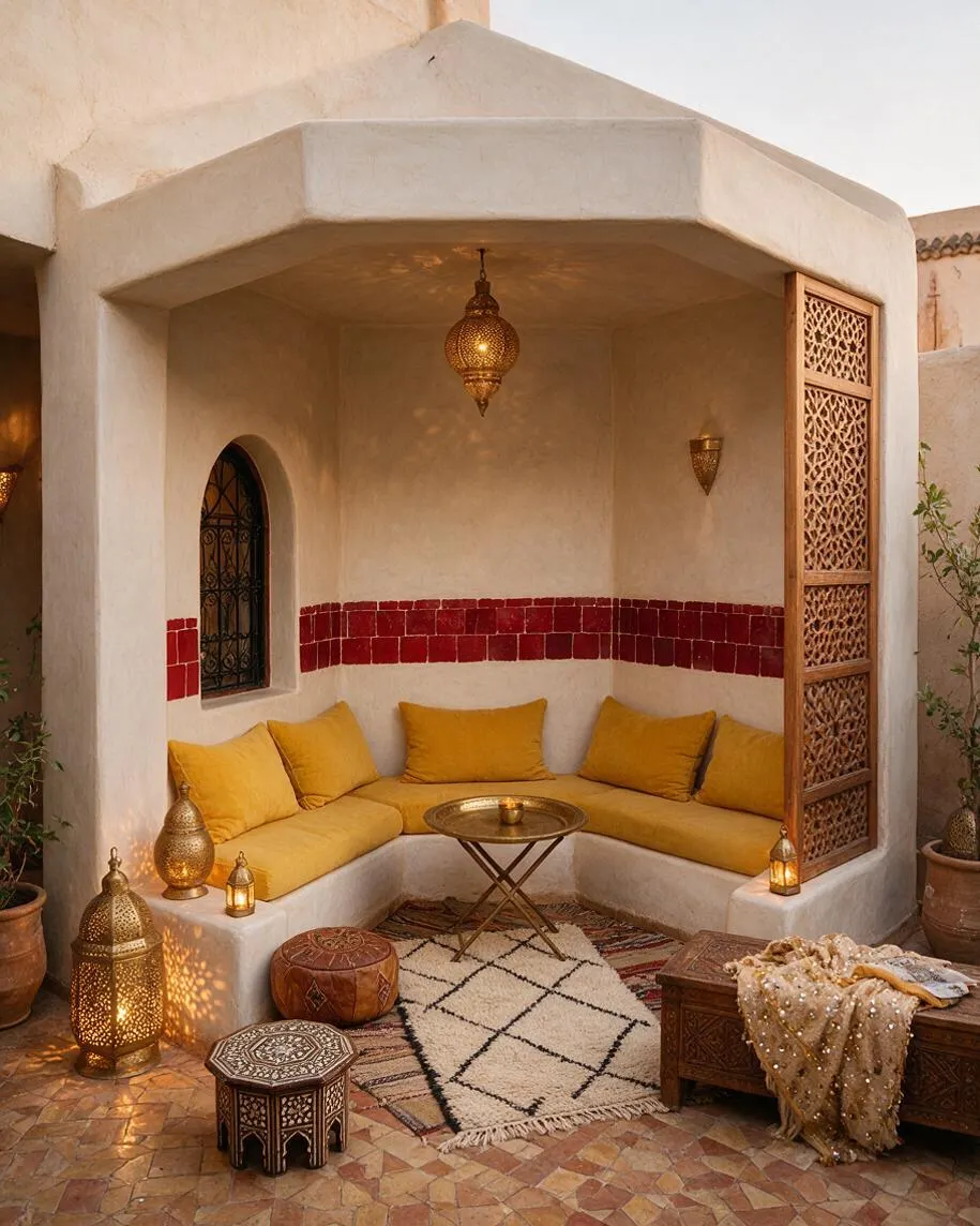 A cozy Moroccan-style backyard nook with a built-in curved plaster bench wrapped in mustard yellow cushions and pillows. Red tile accents line the wall, while carved wood screens, hanging lanterns, patterned rugs, and decorative metal lanterns create a warm, intimate atmosphere.