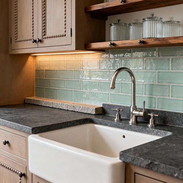 A close-up of a transitional kitchen sink area featuring a white apron-front basin set into honed dark stone countertops. A brushed-nickel widespread faucet stands before glossy seafoam green subway tiles with light grout. Warm under-cabinet lighting illuminates light wood cabinetry with beaded trim and dark knobs. Two thick floating wood shelves hold ribbed glass canisters, and a small chiseled stone rail sits along the backsplash at counter level.