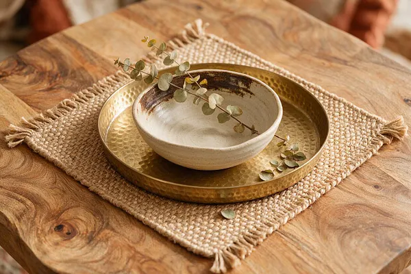 A rustic tabletop setting features a woven jute placemat with fringe, a hammered brass tray, and a handmade ceramic bowl topped with a eucalyptus sprig. The arrangement sits on a richly grained wooden table in warm earthy tones, creating a relaxed bohemian look.