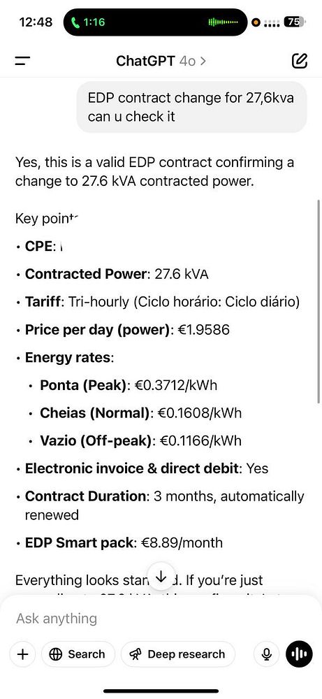 The image displays a chat interface discussing an EDP contract change for electricity service.