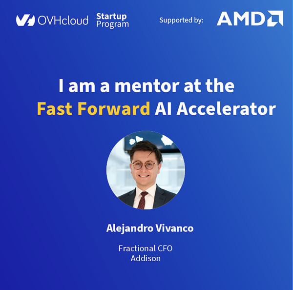 A promotional graphic featuring Alejandro Vivanco as a mentor for the Fast Forward AI Accelerator.