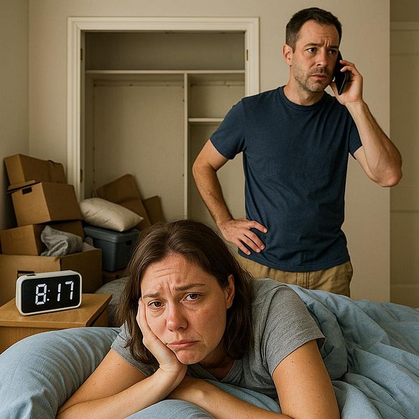 A couple is visibly frustrated in their bedroom as they await a contractor who has not shown up as promised.