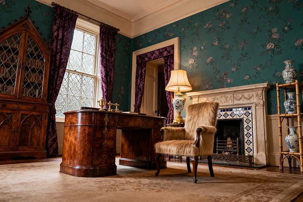 A Victorian home office features a bow-front mahogany pedestal desk with brass hardware, brass candlesticks, and a sheepskin-style upholstered armchair set on a cream rug. Surrounding elements include teal floral wallpaper, deep purple damask curtains flanking a leaded-glass window, a carved stone fireplace with blue-and-white Delft tiles and metal fire grate, a porcelain lamp with pleated shade, a Gothic-style glazed bookcase filled with books, and a bamboo étagère displaying blue-and-white vases.