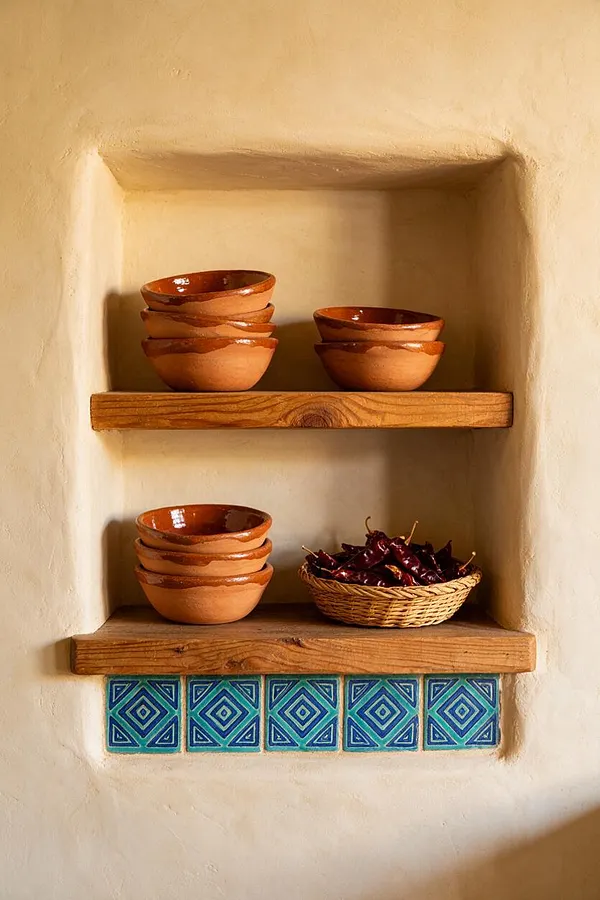 A recessed wall niche in a rustic Southwestern interior displays stacked terra cotta bowls on two wooden shelves, with a woven basket of dried red chiles on the lower shelf. The niche is framed by cream-colored plaster and finished with a row of blue geometric Talavera tiles below the bottom shelf.