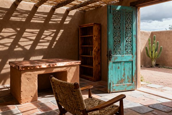 A sunlit Southwestern home office with a copper-topped adobe desk, a woven rush armchair, and a tall solid-wood bookcase. A weathered turquoise carved door opens to a stucco courtyard with a cactus, while a pergola of round beams and reed slats casts geometric shadows across warm adobe walls and a floor of mixed terracotta and slate tiles.