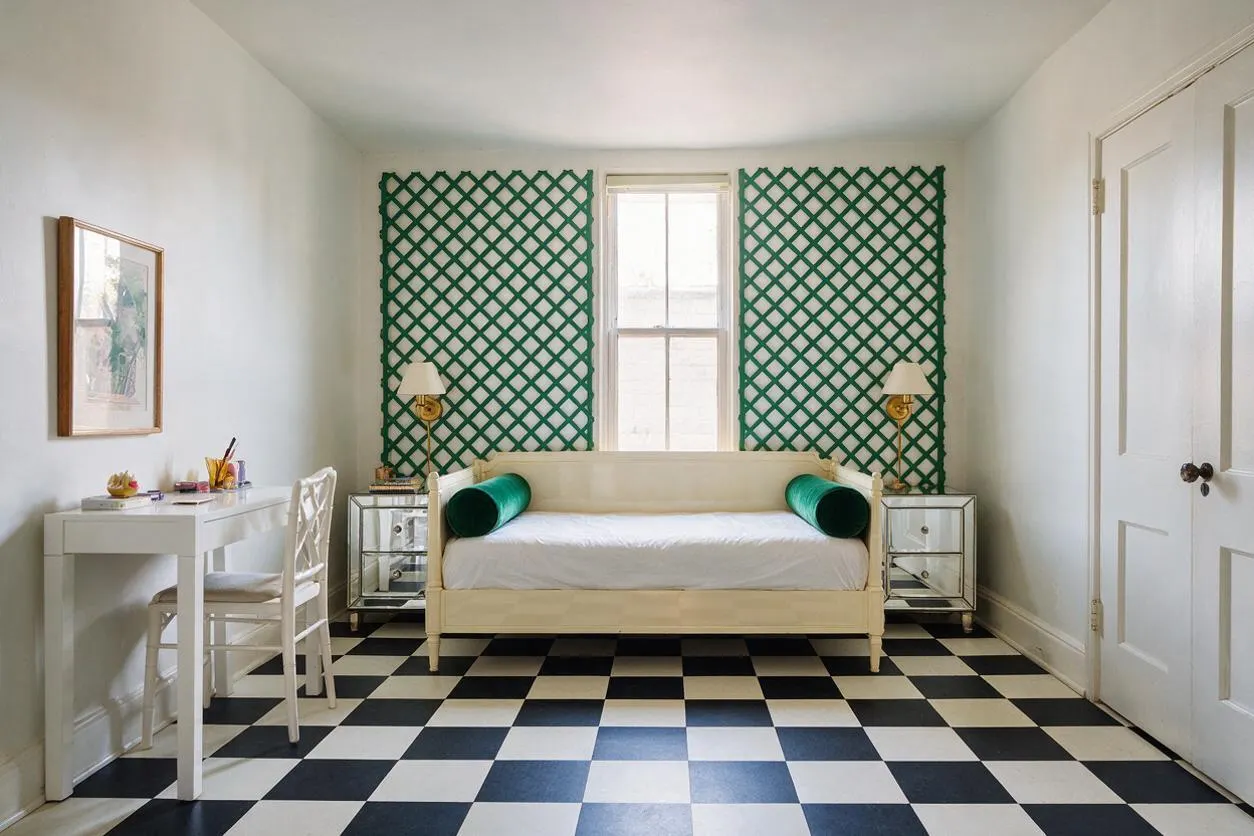 A guest bedroom with a cream daybed centered under a window, flanked by mirrored nightstands and brass wall lamps. Green lattice wall panels frame the window, and the room features a bold black-and-white checkerboard floor, a white writing desk, and a simple white door.