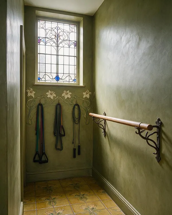 A narrow home gym with olive-green plaster walls, a decorative stained-glass window, and an ornate wooden ballet barre mounted to the right wall. Resistance bands and jump ropes hang on the back wall above patterned tile flooring with floral motifs.
