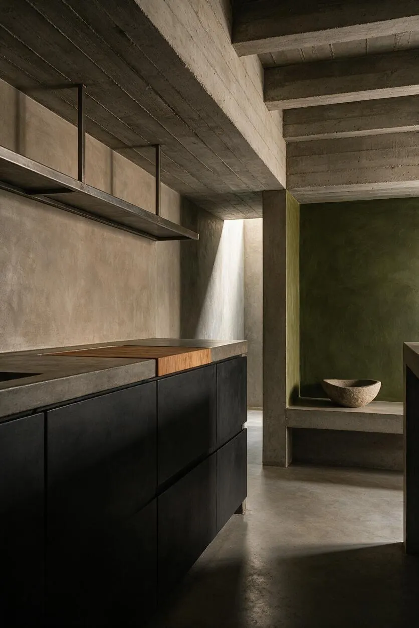 A Brutalist kitchen with raw concrete ceilings, walls, and built-in structures, paired with matte black lower cabinets and a minimal floating shelf. A warm wood countertop insert softens the hard surfaces, while a muted olive-green alcove with a stone bowl adds depth and contrast.