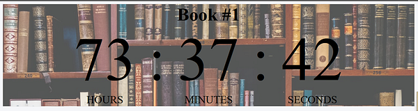 A timer displaying the total time spent on a book project alongside a background of bookshelves.