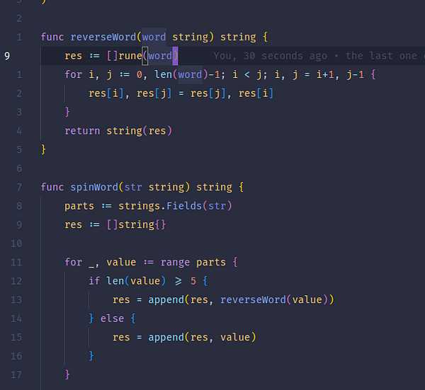 The image displays a code snippet written in Go programming language that includes two functions: reverseWord and spinWord.
