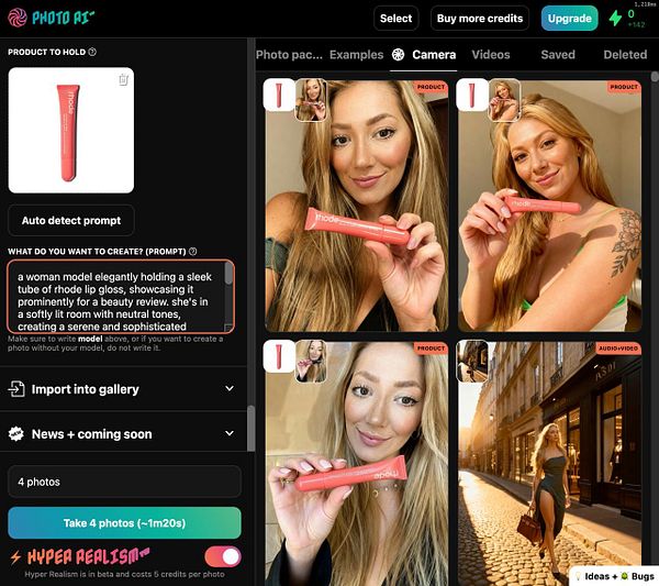 The image displays a user interface for a photo editing application featuring a model holding a tube of lip gloss.