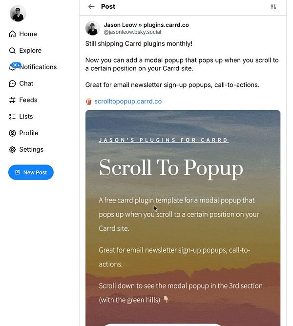 A social media post promoting a scroll-to-popup plugin for Carrd.
