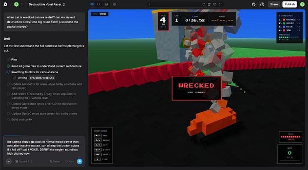 Screenshot of a voxel race game prototype where a blocky car is driving on a destructible terrain.