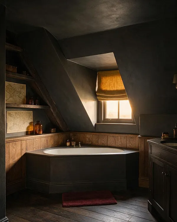 A dark, atmospheric bathroom tucked under a sloped attic ceiling, featuring a freestanding corner bathtub with a dark exterior and white interior. Warm wood wainscoting wraps the lower walls, while a small window with a woven shade brings in soft golden light. Open shelves with antique bottles and map prints, along with dark cabinetry and wood floors, reinforce the Dark Academia mood.
