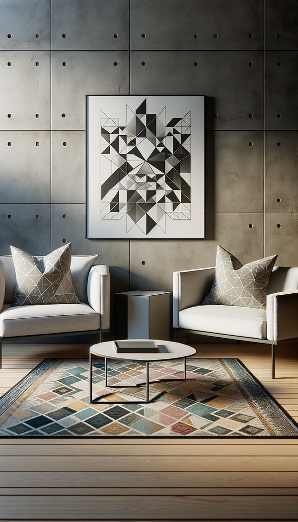 A modern living room with a geometric patterned rug, accent pillows with angular designs, and a piece of abstract geometric art on the wall, in a space featuring clean lines and minimalist furniture.
