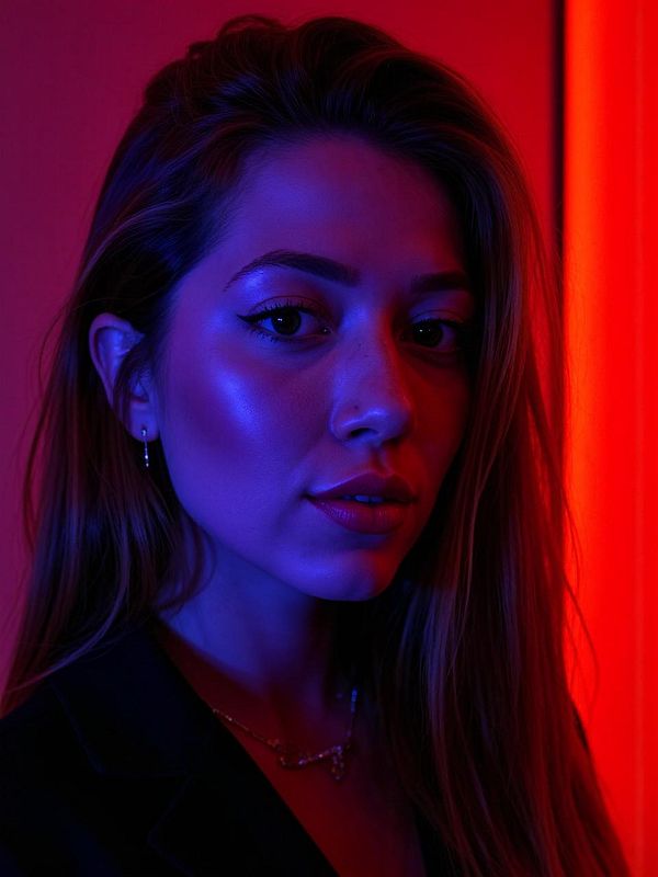 A close-up portrait of a woman illuminated by vibrant red and blue lighting.