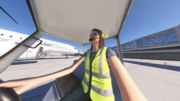 A virtual scene depicting a ground crew member operating a vehicle at an airport.