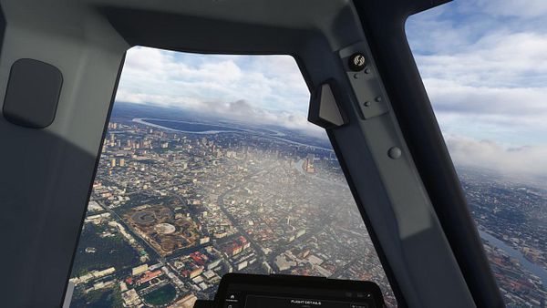 Screenshot of a flight simulator emergency landing at Bangkok airport with detailed flight data and visual runway approach.